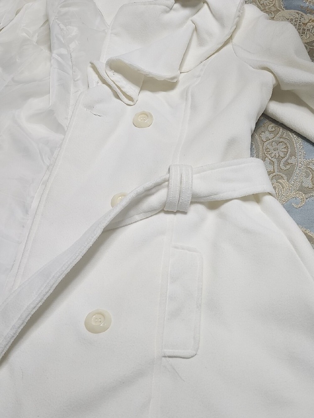 Miss London White Ruffle-Collar Double-Breasted Wool Blend Coat - Picture 6 of 11